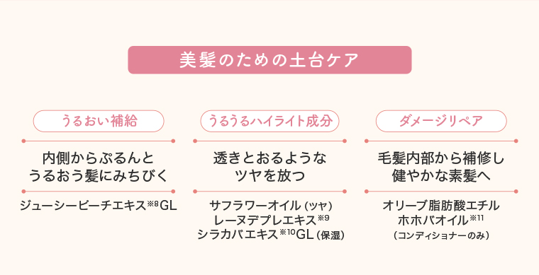 美髪のための土台ケア　うるおい補給 内側からぷるんとうるおう髪にみちびく　ジューシーピーチエキス 　うるうるハイライト成分透きとおるようなツヤを放つサフラワーオイル（ツヤ）レーヌデプレエキス シラカバエキス(保湿)　ダメージリペア 毛髪内部から補修し健やかな素髪へ オリーブ脂肪酸エチル ホホバオイル（コンディショナーのみ）