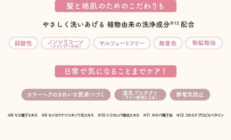 髪と地肌のためのこだわりも やさしく洗いあげる 植物由来の洗浄成分 配合
                                        弱酸性 ノンシリコーン(シャンプーのみ) サルフェートフリー 無着色 無鉱物油　日常で気になることまでケア!カラーヘアのきれいな質感つづく　湿気プロテクト　静電気防止