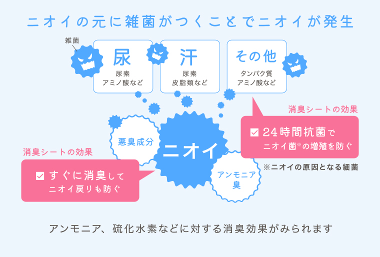 ニオイの元に雑菌がつくことでニオイが発生 アンモニア、硫化水素などに対する消臭効果がみられます