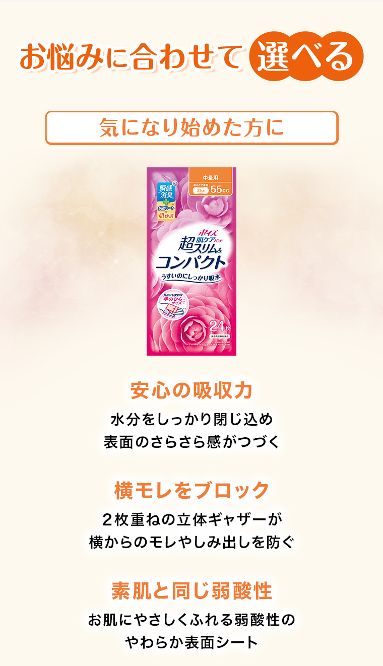 お悩みに合わせて選べる気になり始めた方に　安心の吸収力 水分をしっかり閉じ込め表面のさらさら感がつづく 横モレをブロック　2枚重ねの立体ギャザーが横からのモレやしみ出しを防ぐ　素肌と同じ弱酸性　お肌にやさしくふれる弱酸性のやわらか表面シート