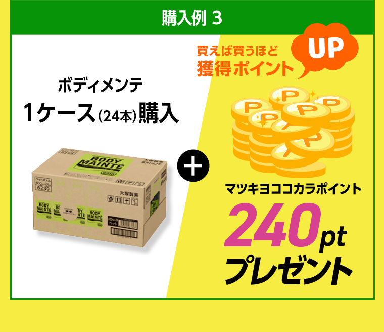 購入例 3 ボディメンテ1ケース（24本）購入 マツキヨココカラポイント240ptプレゼント 買えば買うほど獲得ポイントUP