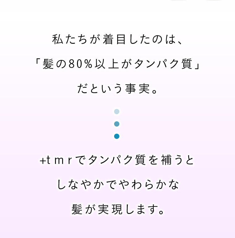 私たちが着目したのは、「髪の80%以上がタンパク質」だという事実。tmrでタンパク質を補うとしなやかでやわらかな髪が実現します。