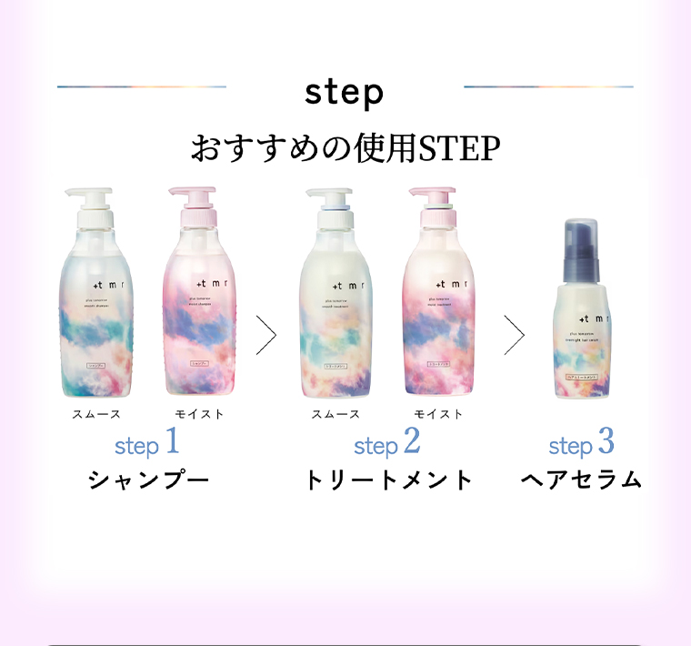 おすすめの使用STEP step1シャンプー step2トリートメント step3ヘアセラム