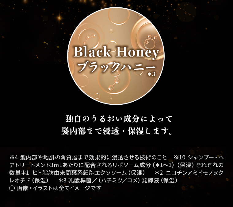 Black Honey ブラックハニー　独自のうるおい成分によって髪内部まで浸透・保湿します。