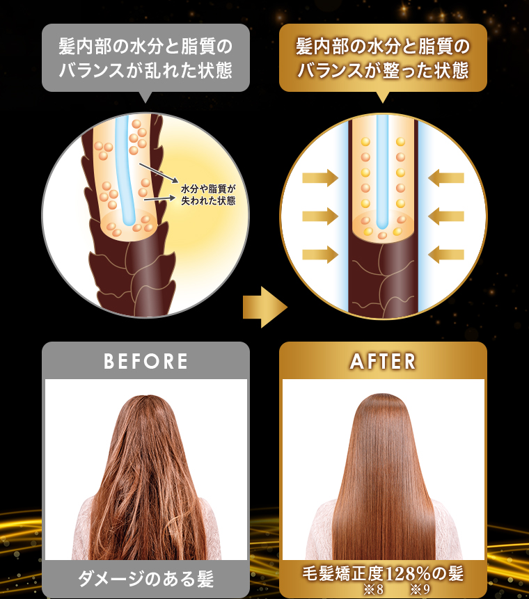 髪内部の水分と脂質のバランスが乱れた状態　髪内部の水分と脂質のバランスが整った状態