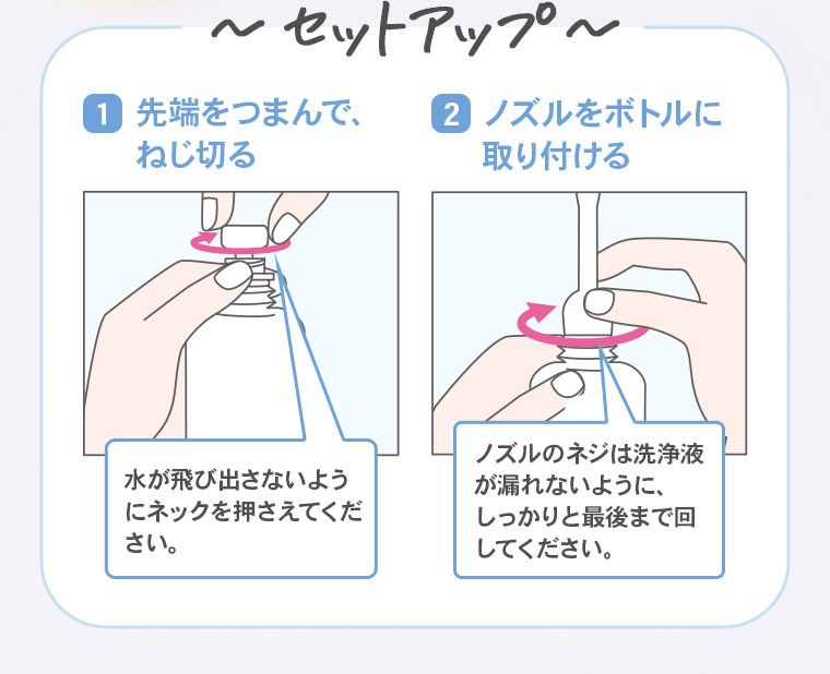 〜セットアップ〜 ①先端をつまんで、ねじ切る「水が飛び出さないようにネックを押さえてください。」②ノズルをボトルに取り付ける「ノズルのネジは洗浄液が漏れないように、しっかりと最後まで回してください。」
