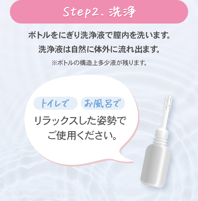 【Step2.洗浄】ボトルをにぎり洗浄液で膣内を洗います。洗浄液は自然に体外に流れ出ます。※ボトルの構造上多少液が残ります。「トイレで」「お風呂で」リラックスした姿勢でご使用ください。