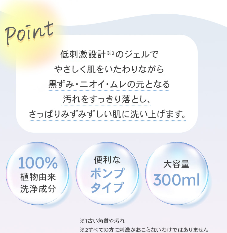 【Point】低刺激設計※2のジェルでやさしく肌をいたわりながら黒ずみ・ニオイ・ムレの元となる汚れをすっきり落とし、さっぱりみずみずしい肌に洗い上げます。【100%植物由来洗浄成分】【便利なポンプタイプ】【大容量300ml】※1古い角質や汚れ ※2すべての方に刺激がおこらないわけではありません