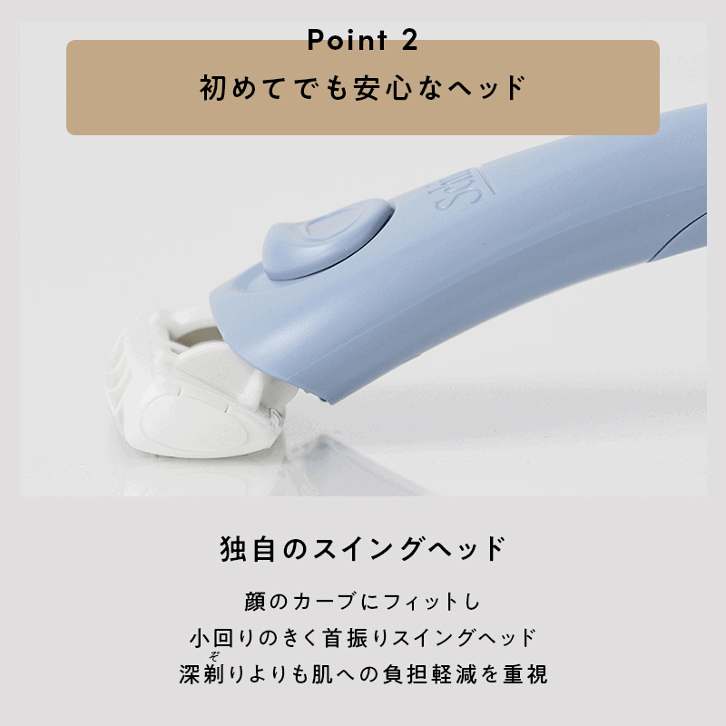 Point 2　初めてでも安心なヘッド　独自のスイングヘッド 顔のカーブにフィットし小回りのきく首振りスイングヘッド　深剃りよりも肌への負担軽減を重視