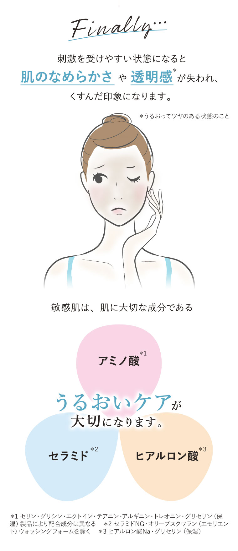 刺激を受けやすい状態になると肌のなめらかさや透明感が失われ、くすんだ印象になります。