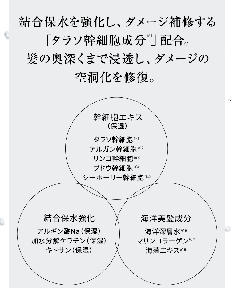 結合保水を強化し、ダメージ補修する「タラソ幹細胞成分」配合。
