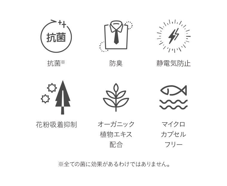 抗菌　防臭　静電気防止　花粉吸着抑制　オーガニック植物エキス配合
                                        マイクロカプセルフリー　※全ての菌に効果があるわけではありません。