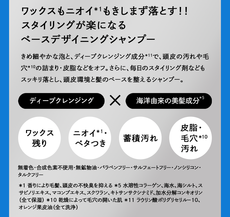 ワックスもニオイもきしまず落とす！！スタイリングが楽になるベースデザイニングシャンプー