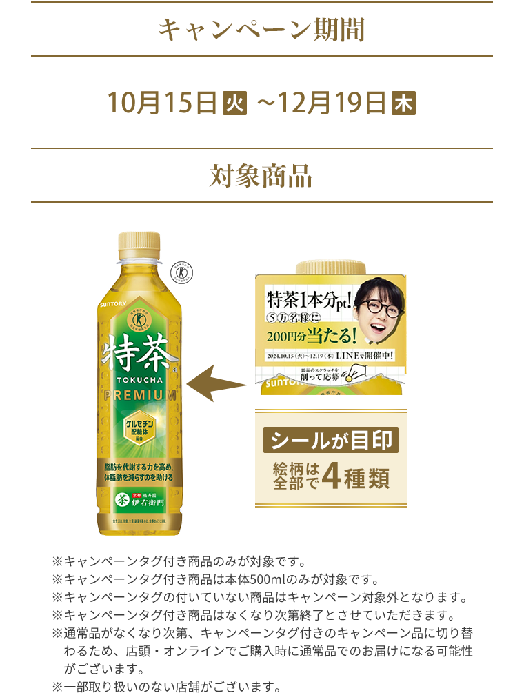 キャンペーン期間：10月15日〜12月19日　対象商品：特茶PREMIUM