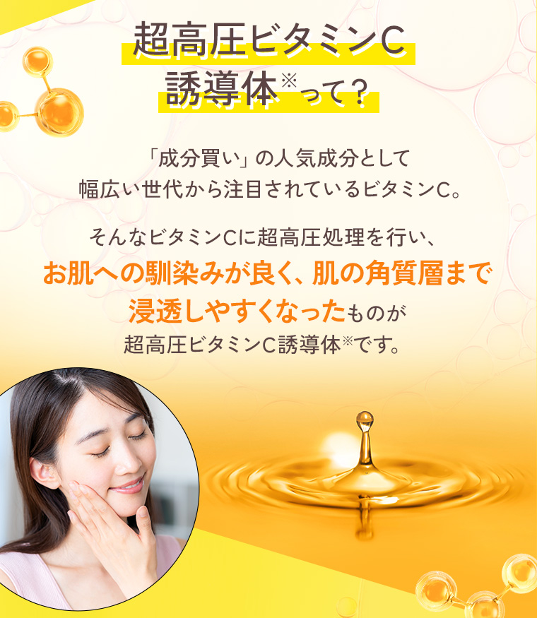 超高圧ビタミンC誘導体って？「成分買い」の人気成分として幅広い世代から注目されているビタミンC。そんなビタミンCに超高圧処理を行い、お肌への馴染みが良く、肌の角質層まで浸透しやすくなったものが超高圧ビタミンC誘導体です。