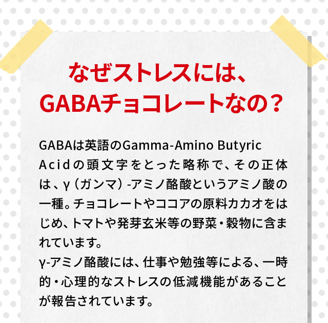 なぜストレスには、GABAチョコレートなの？GABAは英語のGamma-Amino Butyric Acidの頭文字をとった略称で、その正体は、γ（ガンマ）-アミノ酪酸というアミノ酸の一種。チョコレートやココアの原料カカオをはじめ、トマトや発芽玄米等の野菜・穀物に含まれています。γ-アミノ酪酸には、仕事や勉強等による、一時的・心理的なストレスの低減機能があることが報告されています。