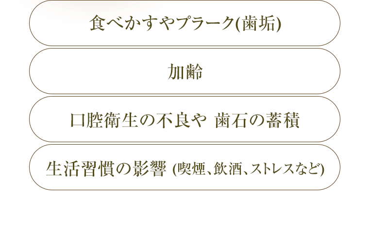食べかすやプラーク（歯垢）　加齢　口腔衛生の不良や歯石の蓄積　生活習慣の影響（喫煙、飲酒、ストレスなど）
