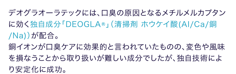 デオグラオーラテックには、口臭の原因となるメチルメルカプタンに効く独自成分「DEOGLA®」（清掃剤 ホウケイ酸(AI/Ca/銅/Na)）が配合。銅イオンが口臭ケアに効果的と言われていたものの、変色や風味を損なうことから取り扱いが難しい成分でしたが、独自技術により安定化に成功。