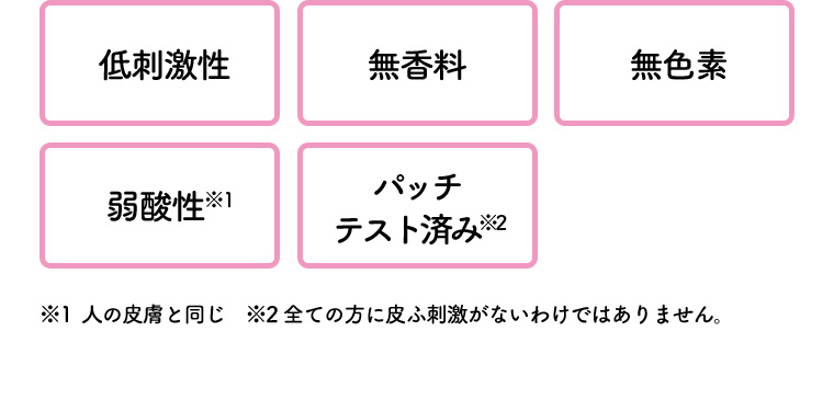 低刺激性 無香料 無色素 弱酸性※I パッチテスト済み※2 ※1人の皮膚と同じ ※2全ての方に皮ふ刺激がないわけではありません。
