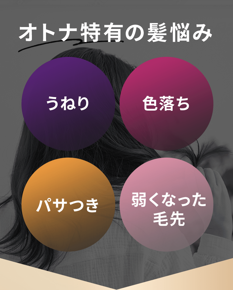 オトナ特有の髪悩み　うねり／色落ち／パサつき／弱くなった毛先
