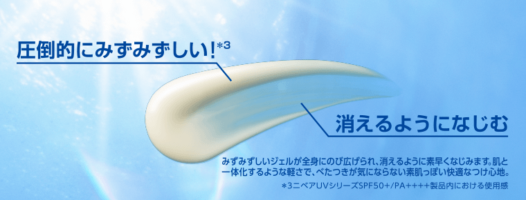圧倒的にみずみずしい！*3　消えるようになじむ　みずみずしいジェルが全身にのび広げられ、消えるように素早くなじみます。肌と一体化するような軽さで、べたつきが気にならない素肌っぽい快適なつけ心地。　*3 ニベアUVシリーズSPF50+ PA++++製品内における使用感