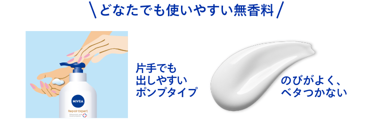 どなたでも使いやすい無香料　片手でも出しやすいポンプタイプ　のびがよく、べたつかない