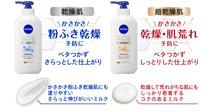 [乾燥肌]かさかさ粉ふき乾燥予防に　ベタつかずさらっとした仕上がり　かさかさ粉ふき乾燥肌にも塗りやすい　さらっと伸びがいいミルク／[超乾燥肌]かさかさ乾燥・肌荒れ予防に　ベタつかずしっとりした仕上がり　乾燥して荒れがちな肌にもしっかり密着するコクのあるミルク