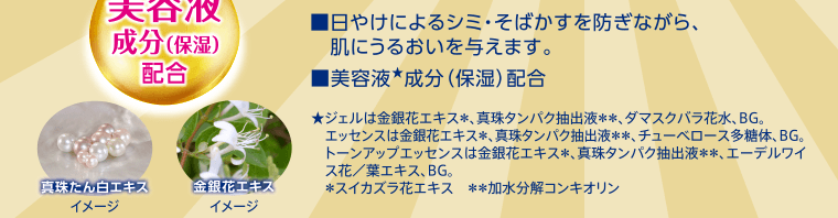■日やけによるシミ・そばかすを防ぎながら、肌にうるおいを与えます。　■美容液★成分（保湿）配合