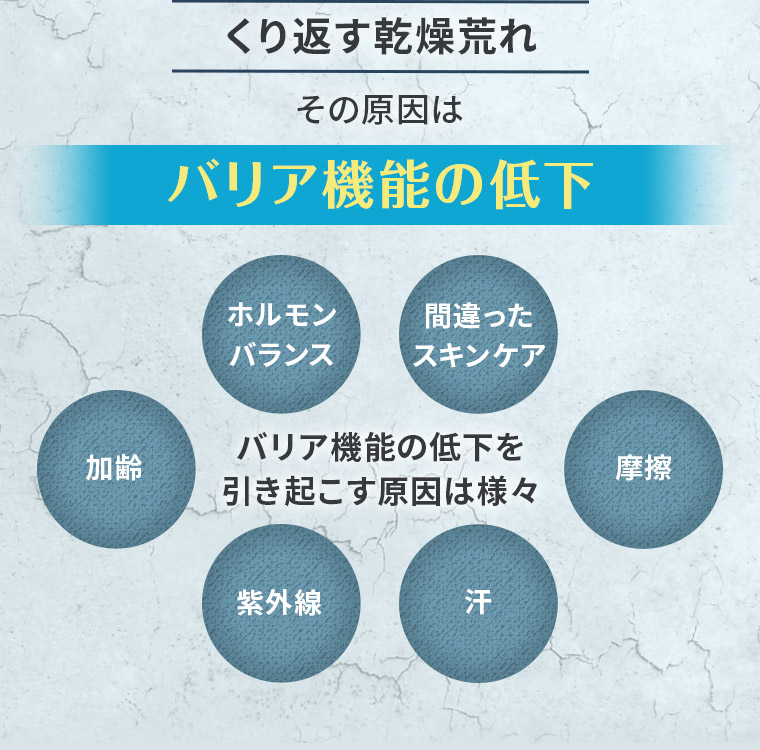くり返す乾燥荒れ その原因はバリア機能の低下 ［ホルモンバランス］［ 間違ったスキンケア］［加齢］［摩擦］［紫外線］［汗］バリア機能の低下を引き起こす原因は様々