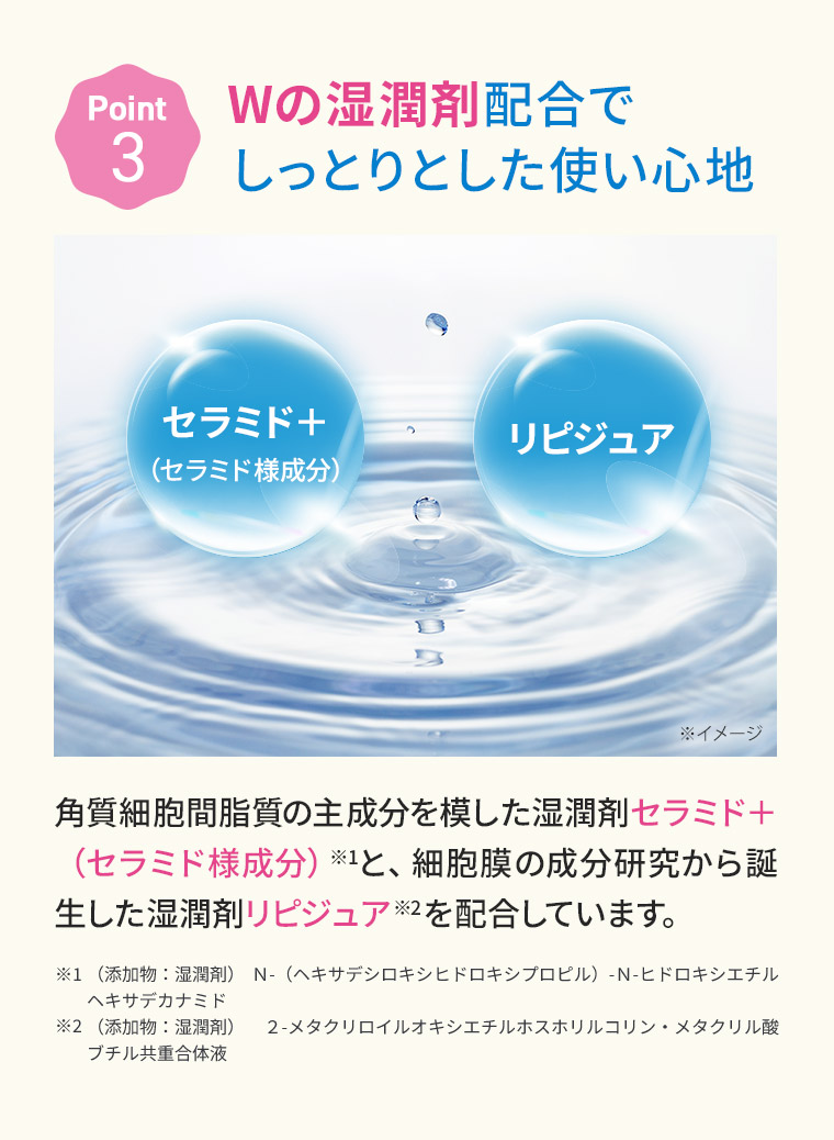 【Point 3】Wの湿潤剤配合でしっとりとした使い心地 角質細胞間脂質の主成分を模した湿潤剤セラミド＋（セラミド様成分）※1と、細胞膜の成分研究から誕生した湿潤剤リピジュア※2を配合しています。 ※1（添加物：湿潤剤） Ｎ-（ヘキサデシロキシヒドロキシプロピル）-Ｎ-ヒドロキシエチルヘキサデカナミド ※2（添加物：湿潤剤） ２-メタクリロイルオキシエチルホスホリルコリン・メタクリル酸ブチル共重合体液