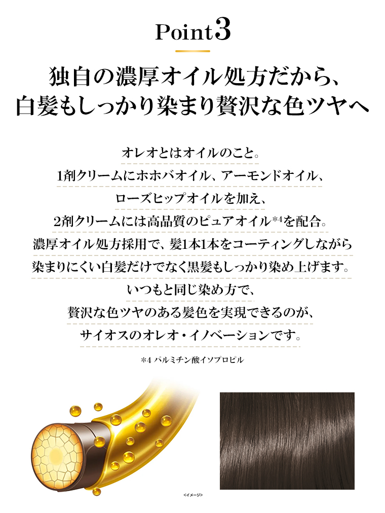 point03  独白の濃厚オイル処方だから、白髪もしっかり染まり贅沢な色ツヤへ
