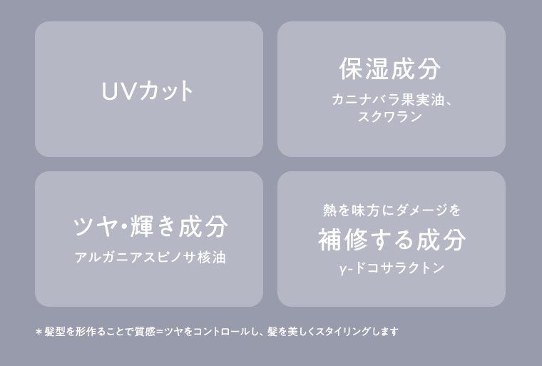 UVカット　保湿成分　ツヤ・輝き成分　補修する成分