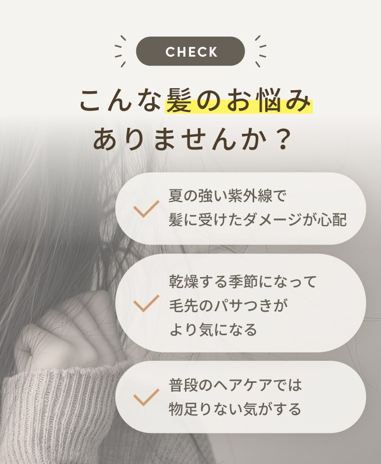 こんな髪のお悩みありませんか？夏の強い紫外線で髪に受けたダメージが心配／乾燥する季節になって毛先のパサつきがより気になる／普段のヘアケアでは物足りない気がする