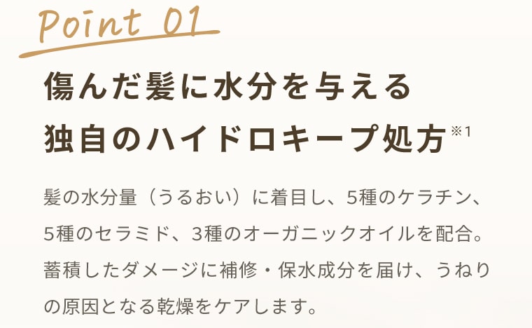【Point1】傷んだ髪に水分を与える独自のハイドロキープ処方