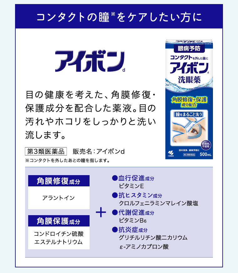 コンタクトの瞳をケアしたい方に「アイボン」目の健康を考えた、角膜修復・保護成分を配合した薬液。目の汚れやホコリをしっかりと洗い流します。