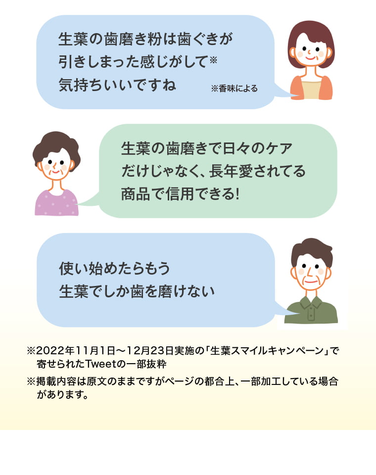 2022年11月1日〜12月23日実施の「生葉スマイルキャンペーン」で寄せられたTweetの一部抜粋