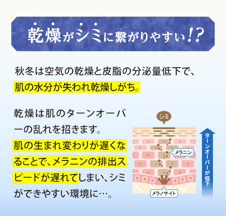 乾燥がシミに繋がりやすい!?秋冬は空気の乾燥と皮脂の分泌量低下で、肌の水分が失われ乾燥しがち。乾燥は肌のターンオーバーの乱れを招きます。肌の生まれ変わりが遅くなることで、メラニンの排出スピードが遅れてしまい、シミができやすい環境に…。