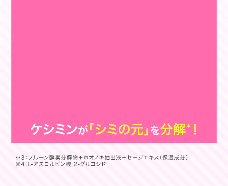 ケシミンが「シミの元」を分解＊！※3：プルーン酵素分解物＋ホオノキ抽出液＋セージエキス（保湿成分）※4：L-アスコルビン酸 2-グルコシド