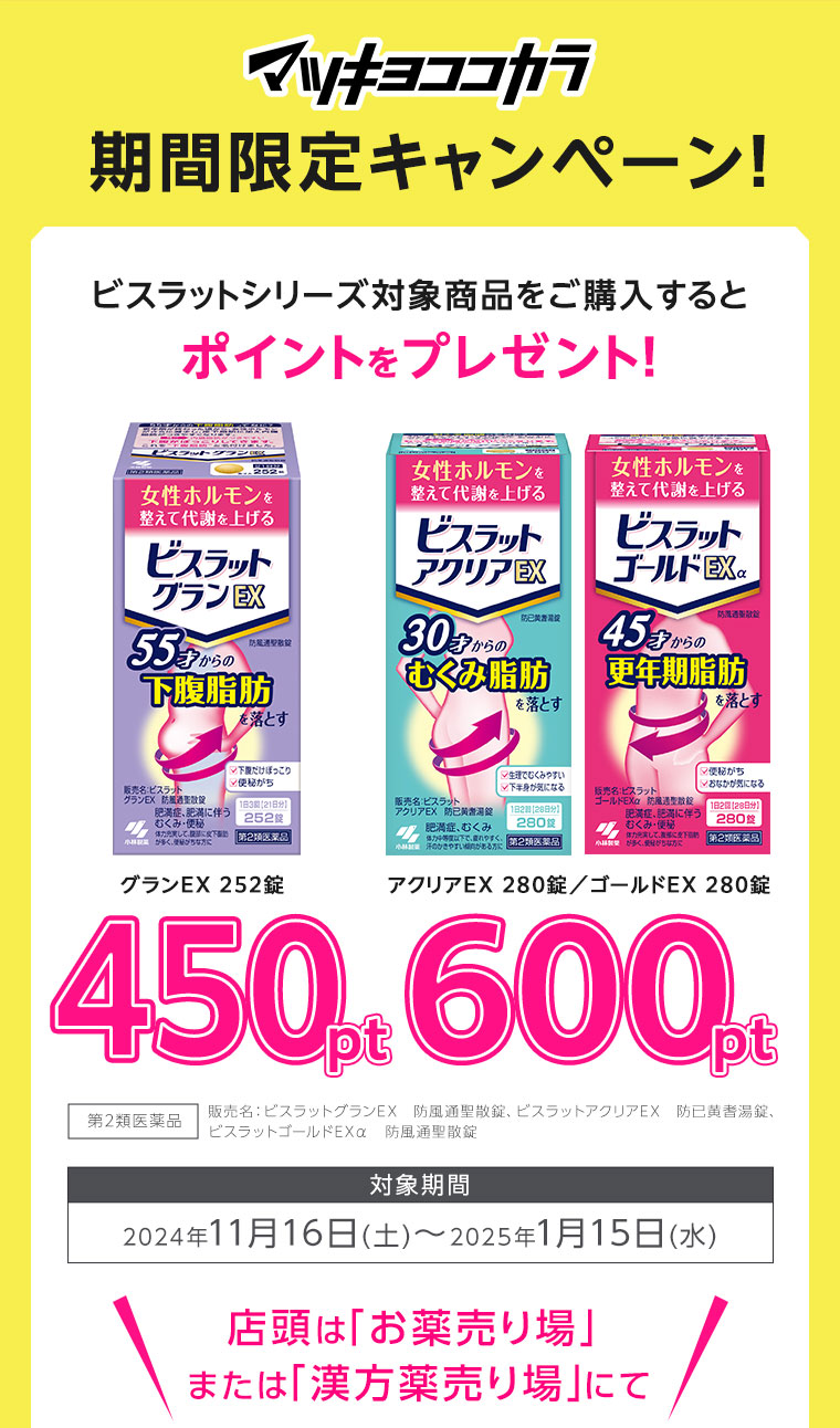 マツキヨココカラ期間限定キャンペーン！ビスラットシリーズ購入で最大600ポイントプレゼント！【キャンペーン対象期間】2024/11/16～2025/1/15