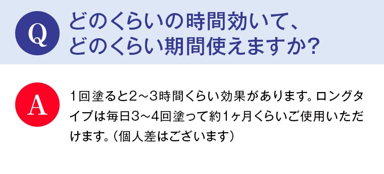 Q：どのくらいの時間効いて、どのくらい期間使えますか？ A：1回塗ると2～3時間くらい効果があります。ロングタイプは毎日3～4回塗って約1ヶ月くらいご使用いただけます。（個人差はございます）