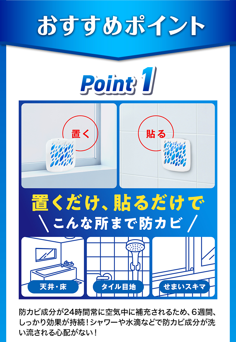 おすすめポイントPoint1 置くおくだけ、貼るだけでこんな所まで防カビ