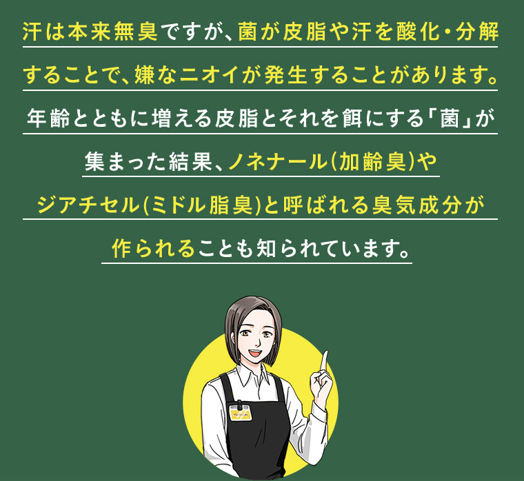 汗は本来無臭ですが、 菌が皮脂や汗を酸化・分解することで、嫌なニオイが発生することがあります。 年齢とともに増える皮脂とそれを餌にする「菌」が集まった結果、ノネナール (加齢臭)やジアチセル (ミドル脂臭) と呼ばれる臭気成分が作られることも知られています。