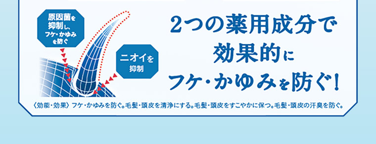 2つの薬用成分で効果的にフケ・かゆみを防ぐ! 原因菌を抑制し、フケ・かゆみを防ぐ ニオイを抑制