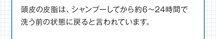 頭皮の皮脂は、シャンプーしてから約6~24時間で洗う前の状態に戻ると言われています。
