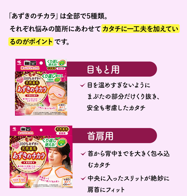 「あずきのチカラ」は全部で5種類。それぞれ悩みの箇所にあわせてカタチに一工夫を加えているのがポイントです。［目もと用］目を温めすぎないようにまぶたの部分だけくり抜き、安全も考慮したカタチ［首肩用］首から背中までを大きく包み込むカタチ 中央に入ったスリットが絶妙に肩首にフィット