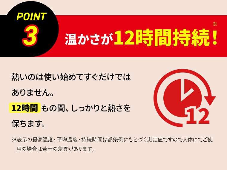 ［POINT 3］温かさが12時間持続！※ 熱いのは使い始めてすぐだけではありません。12時間もの間、しっかりと熱さを保ちます。 ※表示の最高温度・平均温度・持続時間は都条例にもとづく測定値ですので人体にてご使用の場合は若干の差異があります。