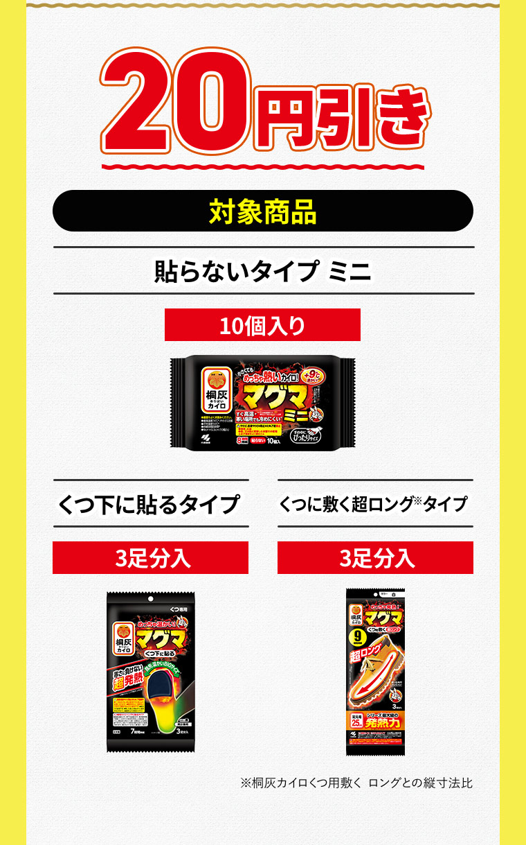 20円引き 対象商品：貼らないタイプ ミニ 10個入り、くつ下に貼るタイプ 3足分入、くつに敷く超ロング※タイプ 3足分入　※桐灰カイロくつ用敷く ロングとの縦寸法比