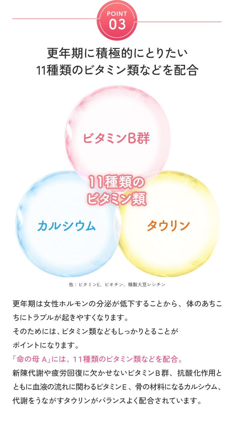POINT03：更年期に積極的にとりたい11種類のビタミン類などを配合