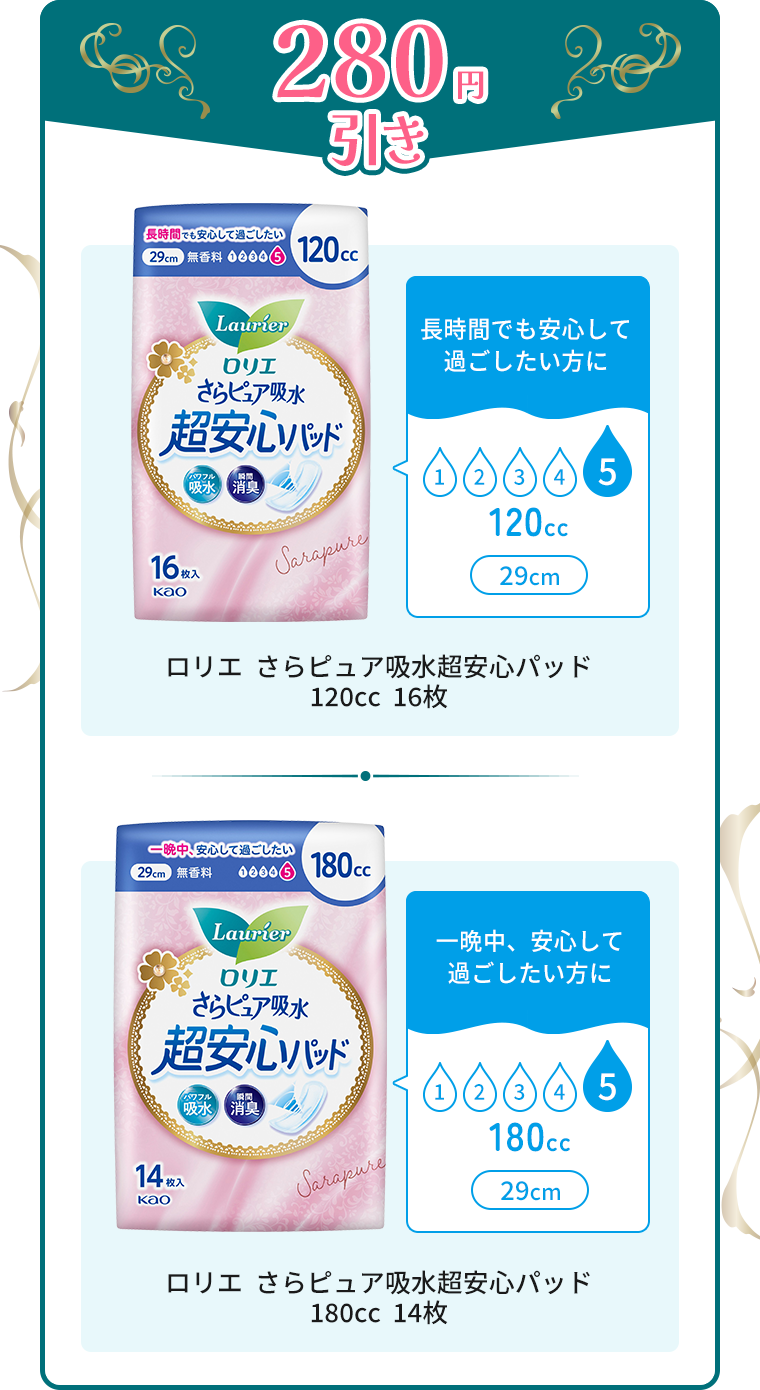 「280円引き」　ロリエ  さらピュア吸水超安心パッド120cc 16枚、ロリエ  さらピュア吸水超安心パッド180cc 14枚