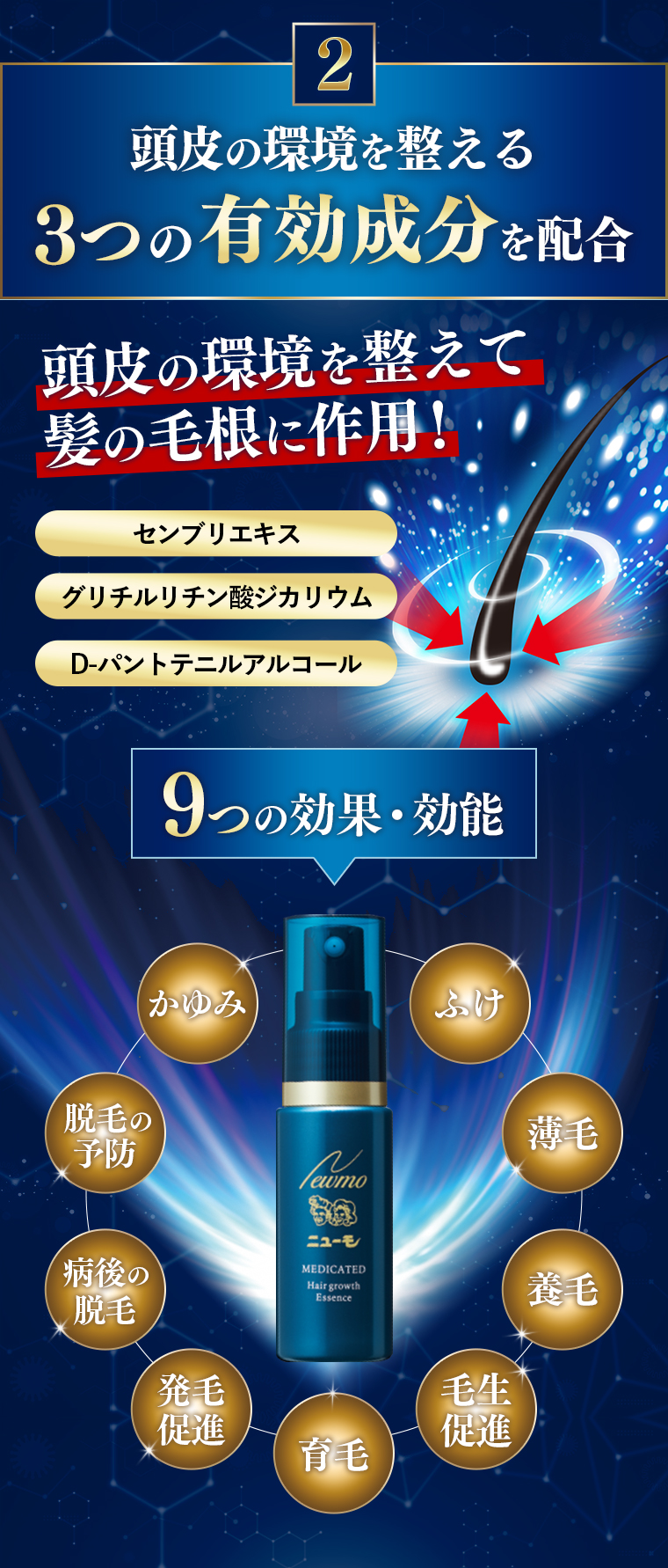 2.頭皮の環境を整える3つの有効成分を配合